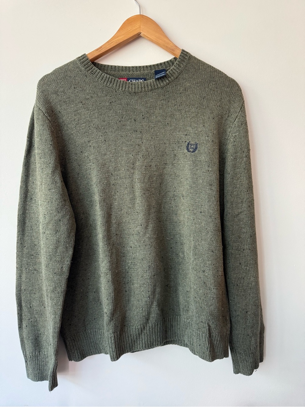Chaps Olive Green Speckled Knit Crewneck Sweater Size Small (Hole Underarm)